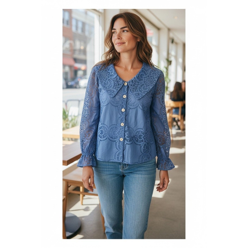Maeve Lace Eyelet Blouse Womens Blue Statement Collar Button Down Size Large